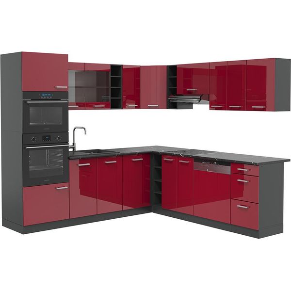 Vicco Cucina Angolare Completa R-Line, 247 X 60 Cm , Pl Antracite, Rosso Lucido/Antracite/Antracite-image