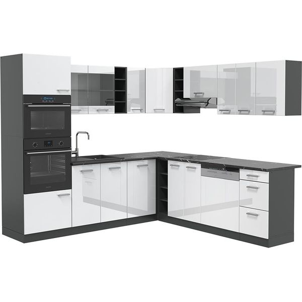 Vicco Cucina Angolare Completa R-Line, 237 X 247 Cm Senza Piano Di Lavoro, Bianco Lucido/Antracite-image