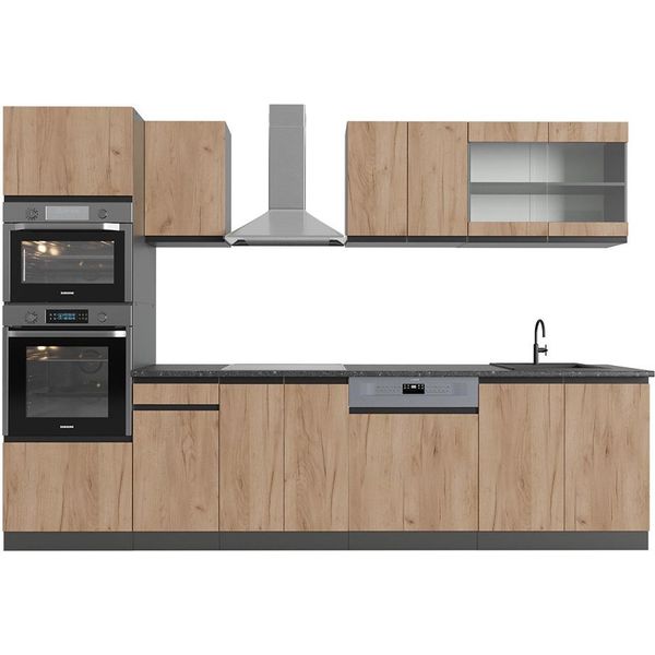 Vicco Cucina Componibile R-Line, 300 Cm Con Armadio Alto, Pt Antracite, Quercia Dorata/Antracite-image