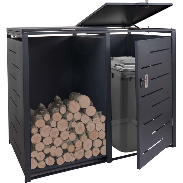 Contenitore Per Rifiuti Con Porta Legna HWC-E83, Contenitore Per Rifiuti, Espandibile 117X132X82Cm 52Kg ~ Antracite, Acciaio-image