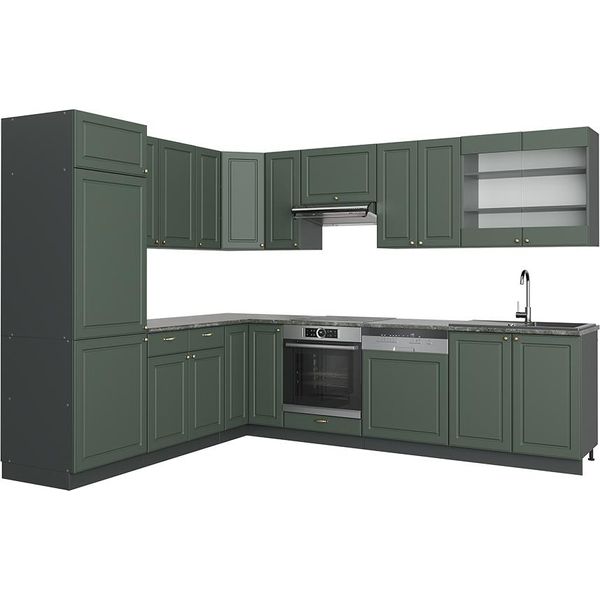 Vicco Cucina Angolare Completa Fame-Line, 227 X 287 Cm Senza Piano Di Lavoro, Verde-Oro Country House/Antracite-image