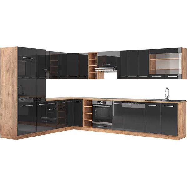 Vicco Cucina Angolare Completa Fame-Line, 257 X 347 Cm Senza Piano Di Lavoro, Antracite Lucido/Oro Power Oak-image