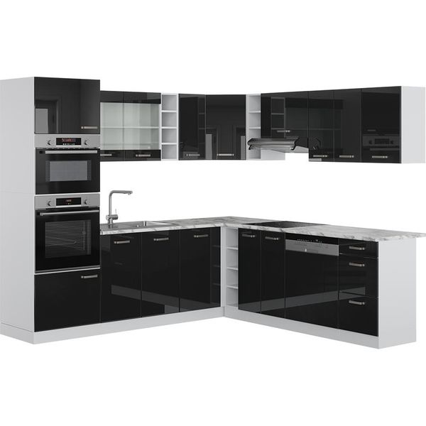 Vicco Cucina Angolare Completa R-Line, 237 X 247 Cm Senza Piano Di Lavoro, Nero Lucido/Bianco-image