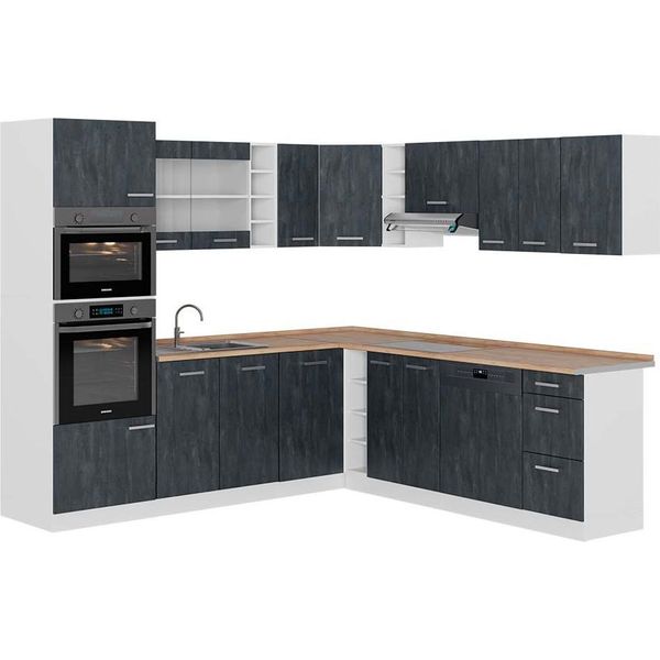 Vicco Cucina Angolare Completa R-Line, 237 X 247 Cm Pt Rovere, Nero Cemento/Bianco-image