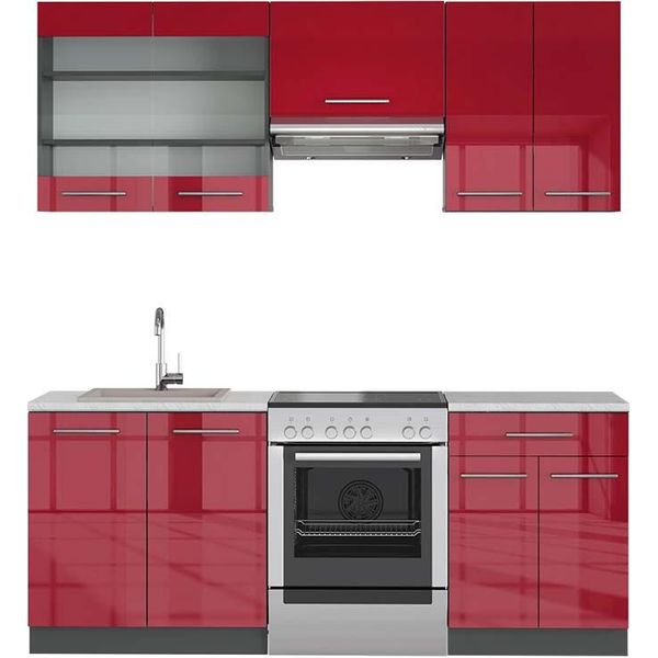 Vicco Cucina Componibile Fame-Line, 200 Cm , Pt Marmo, Bordeaux Lucido/Antracite-image