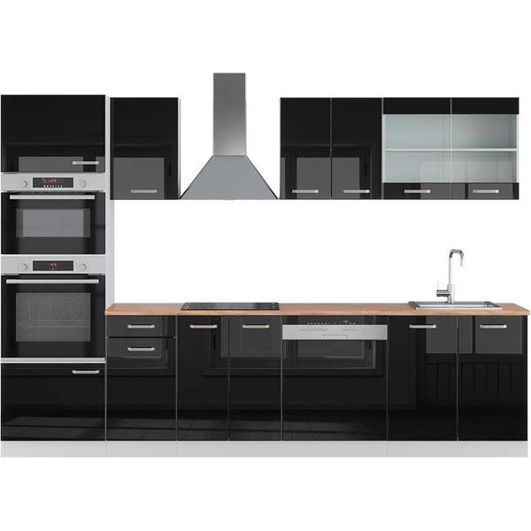 Vicco Cucina Componibile R-Line, 300 Cm Con Armadio Alto, Pt Rovere, Nero Lucido/Bianco-image