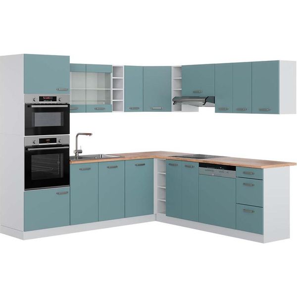 Vicco Cucina Angolare Completa R-Line, 237 X 247 Cm , Pt Rovere, Blu-Grigio/Bianco-image