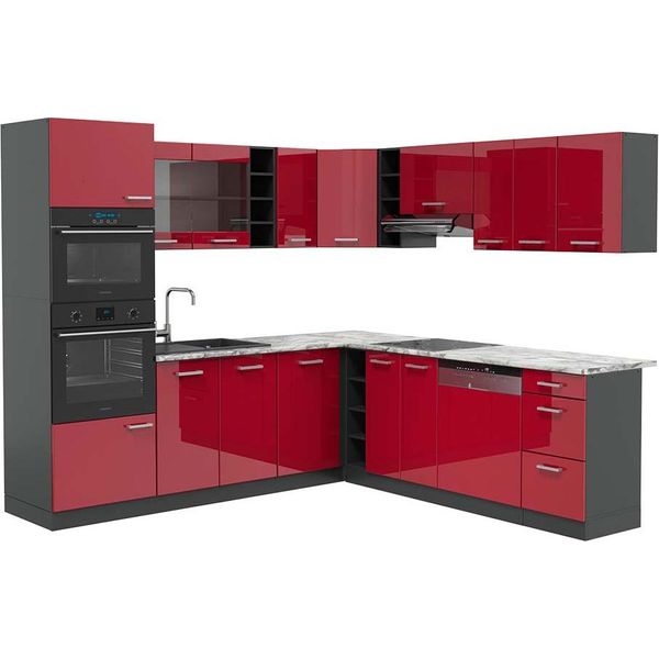 Vicco Cucina Angolare Completa R-Line, 247 X 60 Cm , Pl Marmo, Rosso Lucido/Antracite/Antracite-image