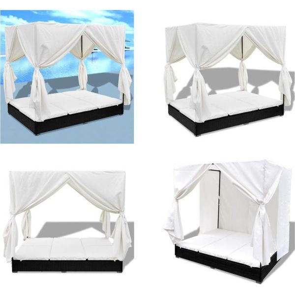 Vidaxl Lettino Da Esterno Con Tenda In Polirattan Nero - Lettino Prendisole - Sdraio - Sedia A Sdraio - Sedie A Sdraio-image
