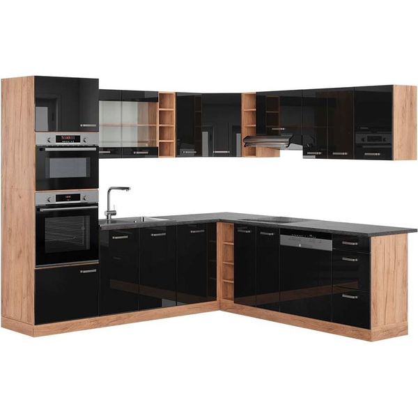 Vicco Cucina Angolare Completa R-Line, 237 X 247 Cm , Pt Antracite, Rovere Nero/Oro Lucido-image