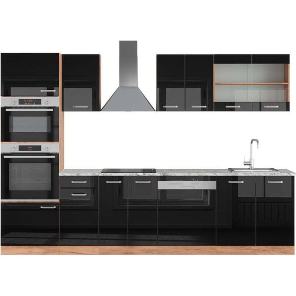 Vicco Cucina Componibile R-Line, 300 Cm Con Armadio Alto, Pt Marmo, Rovere Nero/Oro Lucido-image