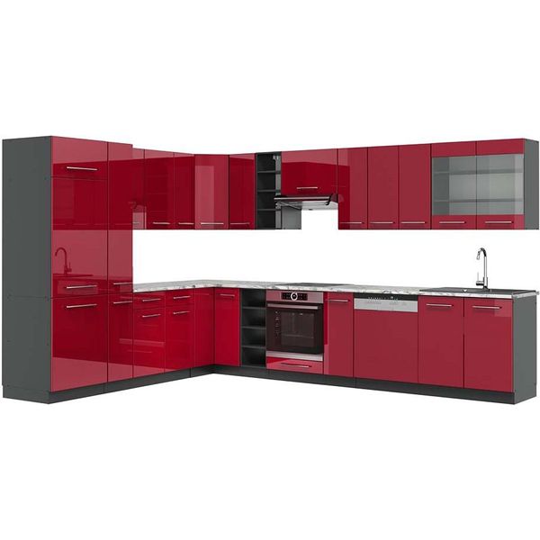 Vicco Cucina Angolare Completa Fame-Line, 347 X 257 Cm , Pl Marmo, Bordeaux Lucido/Antracite-image