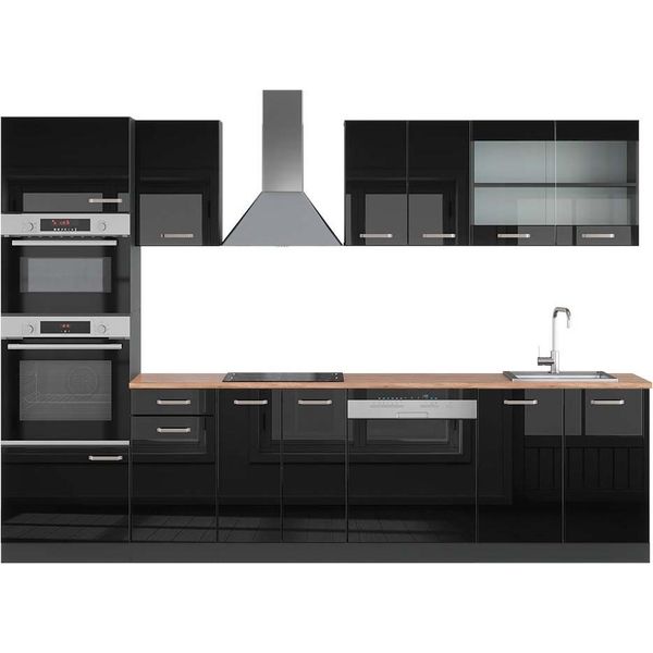 Vicco Cucina Componibile R-Line, 300 Cm Con Armadio Alto, Pt Rovere, Nero Lucido/Antracite-image