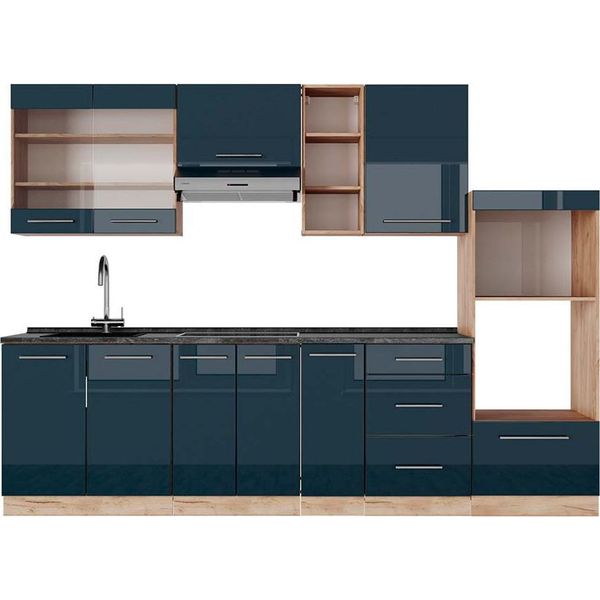 Vicco Cucina Componibile Fame-Line, 280 Cm , Pt Antracite, Blu Scuro Lucido/Rovere Dorato-image