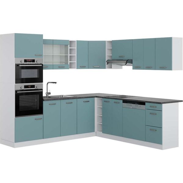 Vicco Cucina Angolare Completa R-Line, 237 X 247 Cm , Pt Antracite, Blu-Grigio/Bianco-image