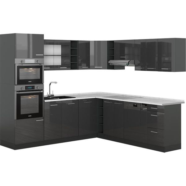 Vicco Cucina Angolare Completa R-Line, 237 X 247 Cm , Pl Marmo, Antracite Lucido/Antracite-image