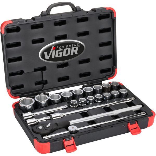 Vigor V2318N Set Di Chiavi A Bussola ∙ 3/4 Di Pollice (20 Mm) Quadro Cavo ∙ Profilo Esagonale Esterno ∙ 19 - 50 ∙ Numero Di Utensili: 21-image