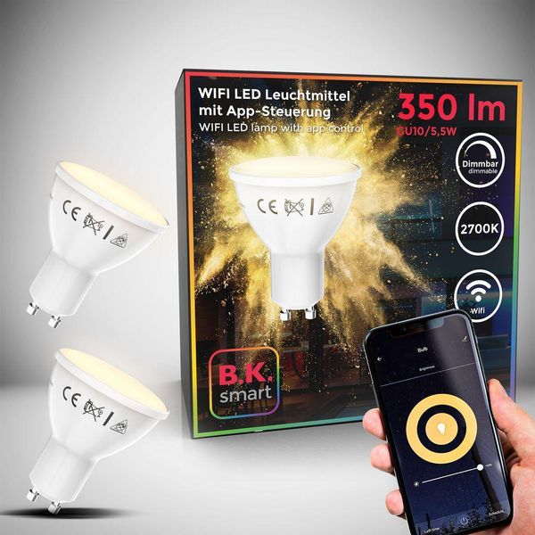 Lampadine Led Smart GU10, Set Di 2, Dimmerabili Con Lo Smartphone, Luce Calda 2700K, Funzionano Con App Per Ios E Android, Amazon Alexa, Google Home, Lampadina Wi-Fi 5.5W 350Lm, Attacco GU10-image