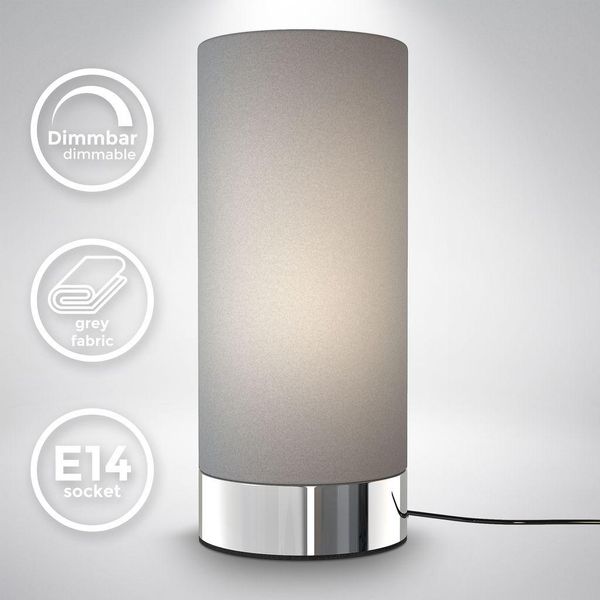 B.K.Licht I Lampada Da Tavolo In Tessuto Grigio I Funzione Touch I Funzione Touch I Dimmerabile 3 Volte I E14 I Base Cromata I Senza Lampadina-image