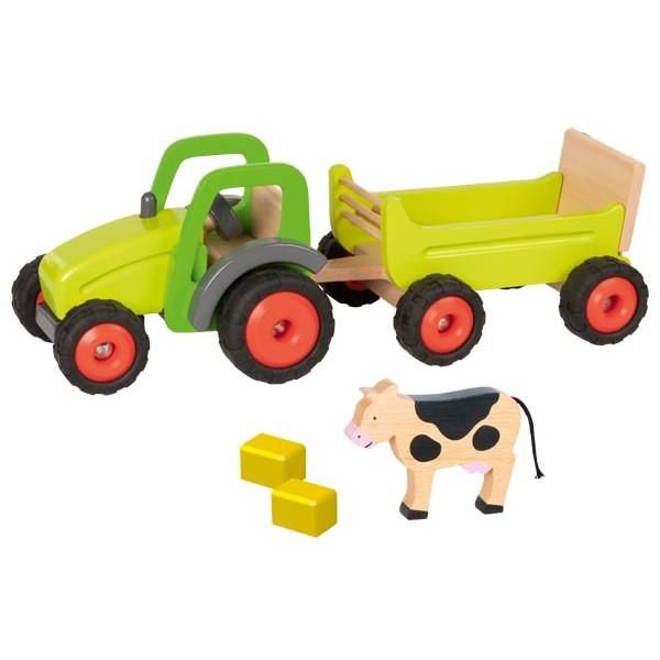 Goki 55886 Trattore Con Rimorchio 44,6 X 16,3 X 15,2 Cm, 2 Parti, Legno, Verde/Natura-image