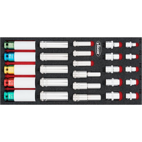 Vigor V7323 Set Di Chiavi A Bussola ∙10 - 22 - E10 - E22 ∙ Numero Di Utensili: 26-image