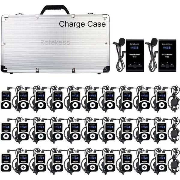 Retekess T130-T131 Sistema Di Guida Wireless, Sistema Di Guida Con Box Di Ricarica Portatile Con 32 Slot Per Sistema Di Traduzione Per Fiere, Formazione Aziendale, Agenzie Di Viaggio, Ecc. (2 Trasmettitori E 30 Ricevitori, 1 Box Di Ricarica)-image