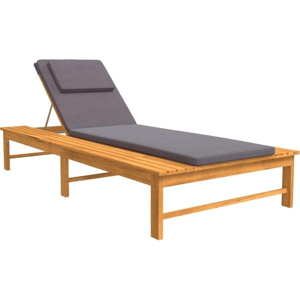 Lettino Prendisole Con Cuscino Grigio Scuro E Cuscino In Legno Massiccio Di Acacia-image