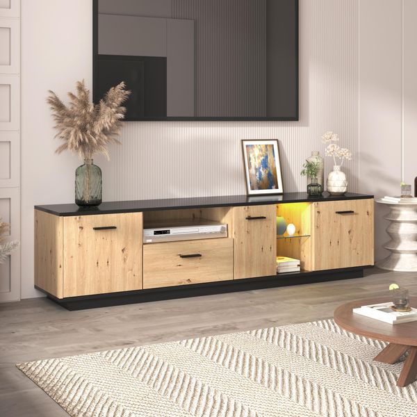 Credenza Sweiko (Con Illuminazione Led), Mobile Tv Con Cassetti, 3 Ante, Vani A Giorno, 180 X 40 X 45 Cm-image