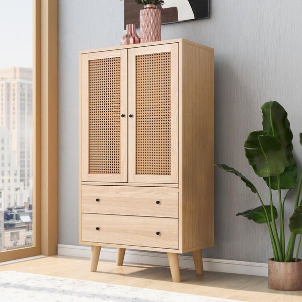 Credenza Sweiko, Credenza Con Ante In Rattan E 2 Cassetti, Gambe In Legno, 60*40*120Cm-image