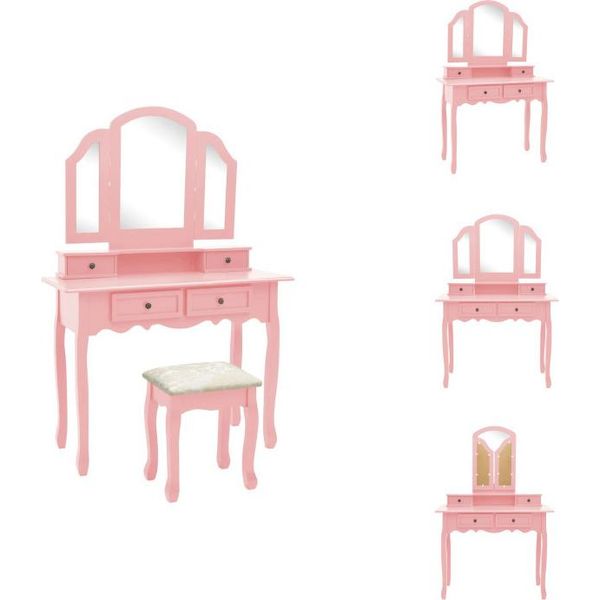 Vidaxl Set Di Tavolini Da Toilette Con Sgabello Rosa 100X40X146 Cm In Legno Di Paulownia - Tavolini Da Toilette-image