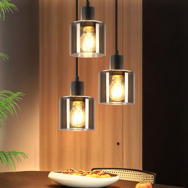 Zmh Lampada A Sospensione Tavolo Da Pranzo In Vetro Nero 3 Fiamme Lampada A Sospensione Vintage E27 Lampada A Sospensione Industriale Rotonda Per Sala Da Pranzo Soggiorno Hotel Ufficio-image