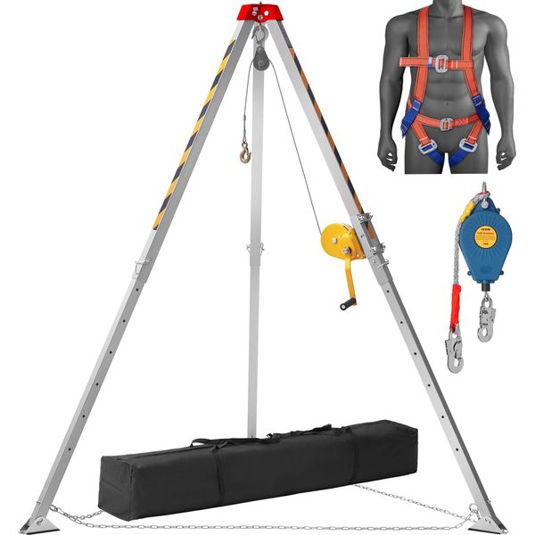 Set Di Treppiede Vevor Treppiede Con Verricello Da 1200 Libbre Con Gambe Da 7' E Cavo Da 98' Treppiede Di Salvataggio Per Spazi Confinati Imbracatura Anticaduta Da 32,8' Borsa Di Stoccaggio Per Spazi Confinati Convenzionali-image