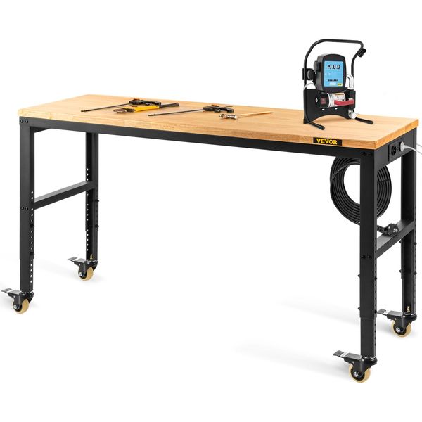 Banco Da Lavoro Vevor, Regolabile In Altezza, 154,9 X 50,8 Cm, Tavolo Da Garage Con Altezza Da 79,5 Cm A 104,9 Cm E Portata Di 725,7 Kg, Prese Di Corrente E Piano In Legno Duro E Struttura In Metallo E Rotelle Girevoli, Per Officina, Ufficio E Casa-image