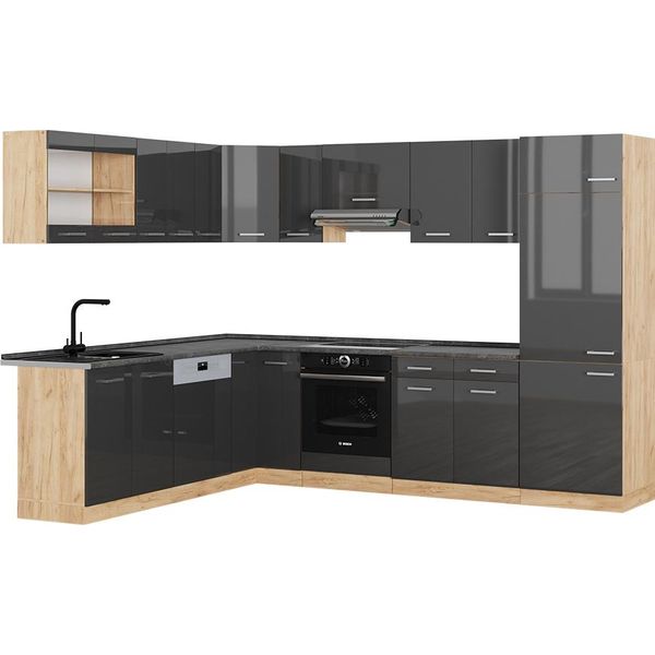 Vicco Cucina Angolare Completa R-Line, 227 X 287 Cm , Pt Antracite, Antracite Lucido/Oro Power Oak-image
