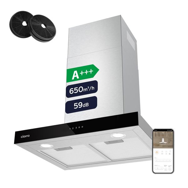Ciarra A+++ Cofano Aspirante 60Cm 650 M³/H Cofano A Parete Wifi +App & Touch Control Boost VMS6102-image