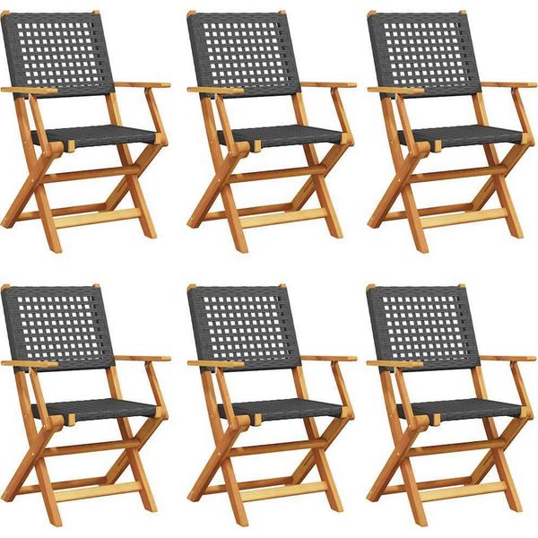 Vidaxl Sedie Da Giardino 6 Pz. Pieghevoli In Poly Rattan Nero E Legno Massiccio-image