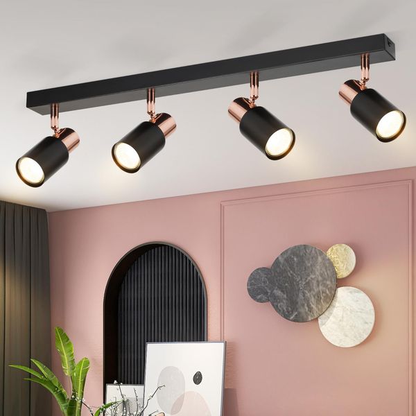 Zmh Faretto A Soffitto 4 Fiamme Led Plafoniera GU10 Nero Faretto A Parete 355° Spot Soffitto Girevole Corridoio Per Cucina Soggiorno Bar (Senza Lampadina)-image