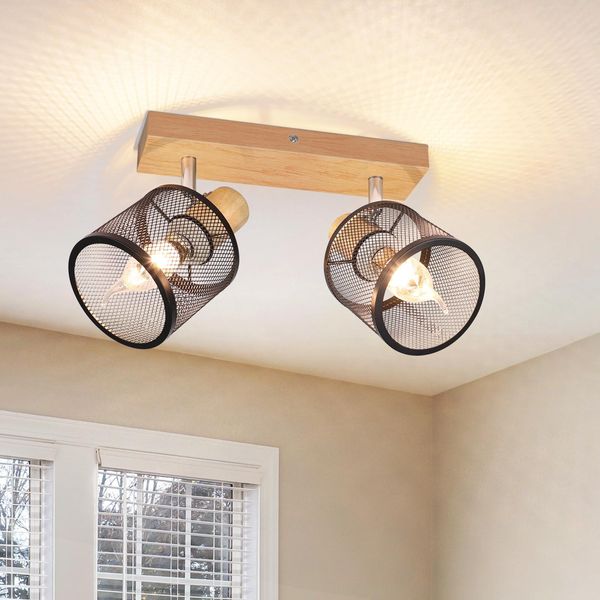 Zmh Faretto Da Soffitto 2 Fiamme Legno E14 Faretto Nero Parete Faretto Cucina Lampada Vintage Soffitto Spot Led Soggiorno Camera Da Letto Corridoio Senza Lampadine-image