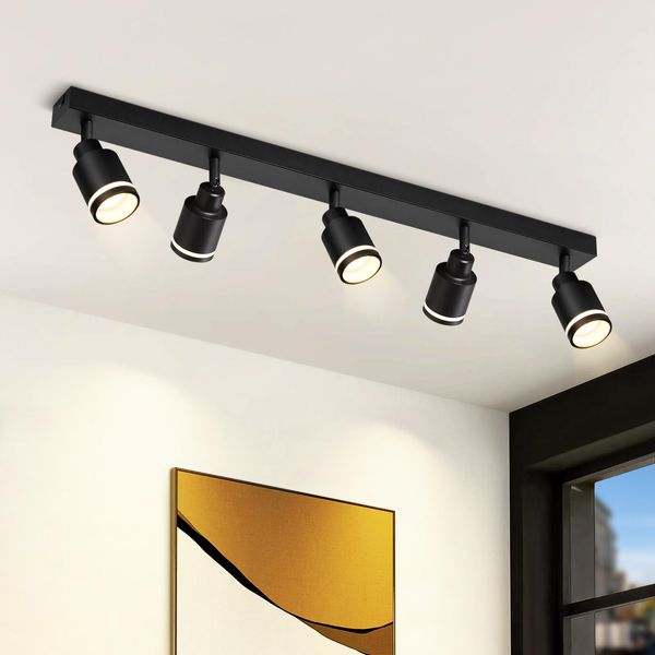 Zmh Plafoniera A Led Nera A 5 Fiamme GU10 Orientabile In Metallo Per Corridoio Soggiorno Camera Da Letto Per Bambini, Senza Lampadine-image