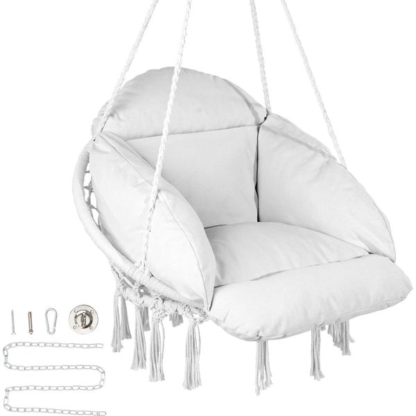 Vevor Sedia Sospesa, Sedia Sospesa In Macramè Con Cuscino E Materiale Di Fissaggio, Sedia A Dondolo In Corda Di Cotone Per Camera Da Letto, Balcone, Terrazza, Giardino, Portata 120 Kg, Bianco-image