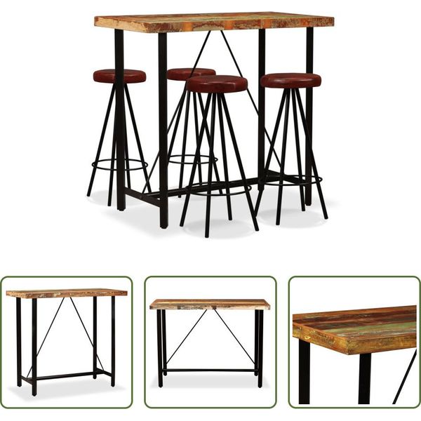 The Living Store Set Da Bar 5 Pezzi In Legno Massiccio Antico E Vera Pelle-image
