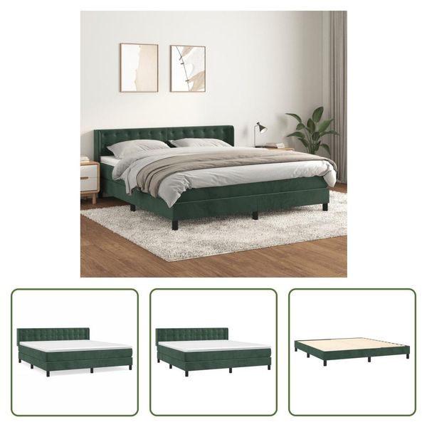 The Living Store Letto A Molle Con Materasso Verde Scuro 160X200 Cm In Velluto-image