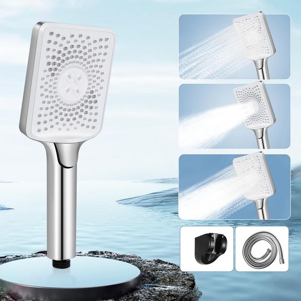 Zmh Soffione Doccia Rotondo In Nichel Doccia A Mano Risparmio D'acqua Con 3 Getti Doccia A Mano Grande Pressione Crescente, Doccia Ad Alta Efficienza Energetica Con 1,5 M Tubo Bagno-image