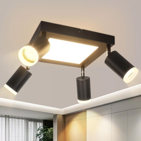 Zmh Lampada Da Soffitto A Led 4 Fiamme Soffitto Spot GU10 - Camera Da Letto Lampada 3000K Nero Lampada Da Cucina 20W Soffitto Faretto Orientabile-image