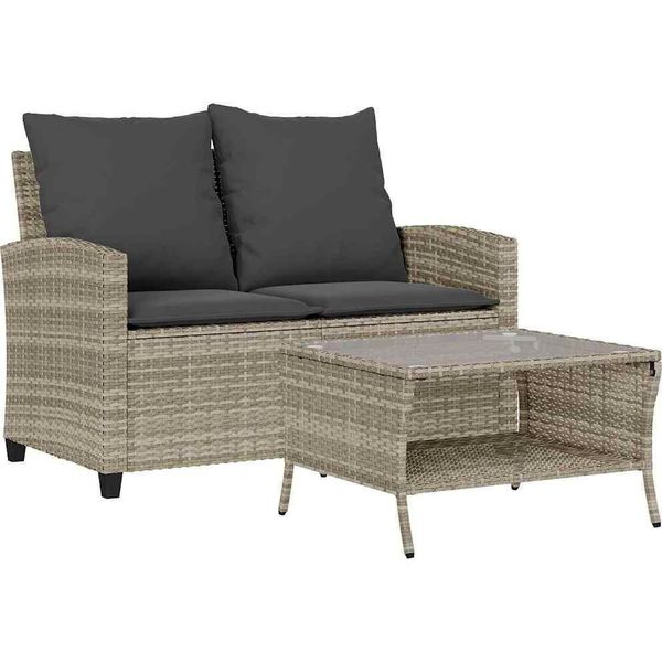 Vidaxl Divano Da Giardino A 2 Posti Con Cuscini E Tavolo In Rattan Grigio Chiaro-image