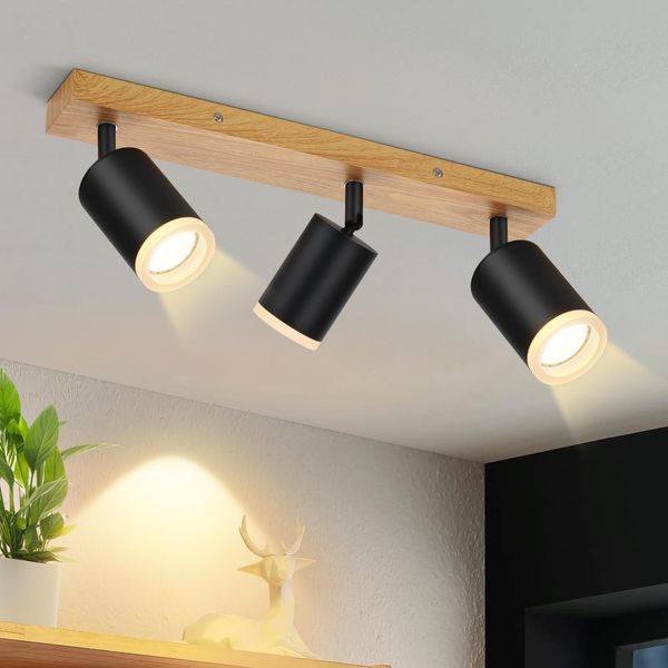 Zmh Faretto Da Soffitto 3 Fiamme Nero Lampada Da Cucina Legno GU10 Faretto Da Parete 350°Rotante Faretto Da Cucina Vintage Spot Retro Industriale Senza Lampadine-image