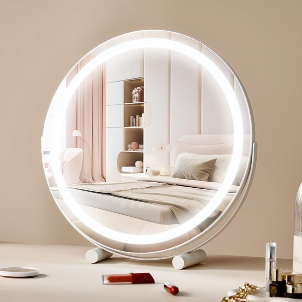 Vevor Hollywood Specchio Per Il Trucco Con Illuminazione φ513Mm, Specchio Cosmetico A Led, 3 Modalità Di Illuminazione A Colori, Controllo Touch Intelligente, Ruotabile A 360°, (Bianco)-image