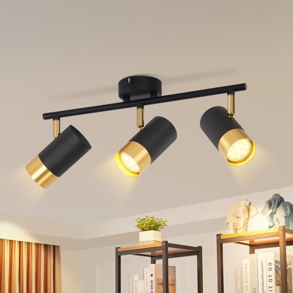 Zmh Faretto Da Soffitto A 3 Fiamme GU10 Lampada Da Cucina 350°Faro Da Parete Orientabile Faretto Nero Oro Vintage Faretto Da Corridoio Industriale Senza Lampadine-image