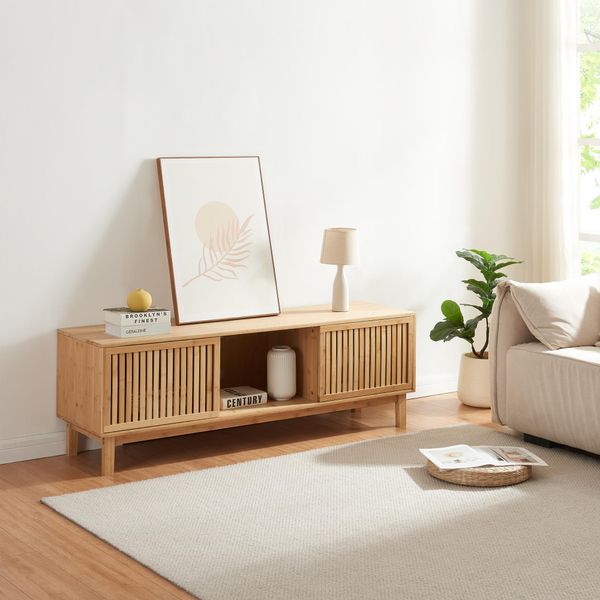 Mobile Tv 'YpäJä' Con 3 Ripiani E 2 Ante Scorrevoli 150 X 42 X 50 Cm Bambù Naturale-image