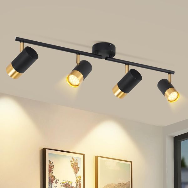 Zmh Faretto Da Soffitto A 4 Fiamme Lampada Da Cucina GU10 Faretto Da Soffitto Nero Oro Faretto Da Parete Corridoio 350° Ruotabile Lampada Da Corridoio Vintage Retro (Senza Lampadina)-image
